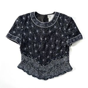 Papéll Boutique Black Silk Daisy Floral Intricate Beaded Short Sleeve Party Top